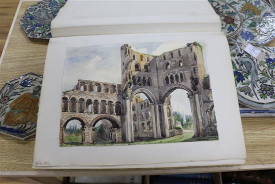 A Victorian album of architectural and other watercolours and a small sketchbook, 4.5 x 9.5in and 10.5 x 14in (approx 70)